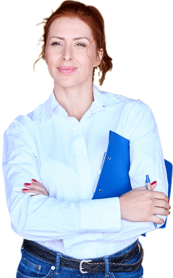 Charming woman stands with a blue clipboard.